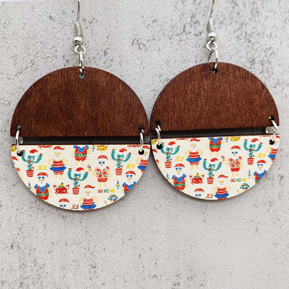Wholesale Christmas Half Round Wood Chips Patchwork Earrings